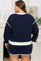Navy Blue Plus Color Block Drop Shoulder Top and Lace-up Skirt Outfit
