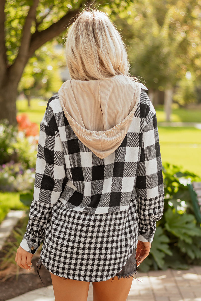 Double Plaid Patchwork Drawstring Hooded Shacket
