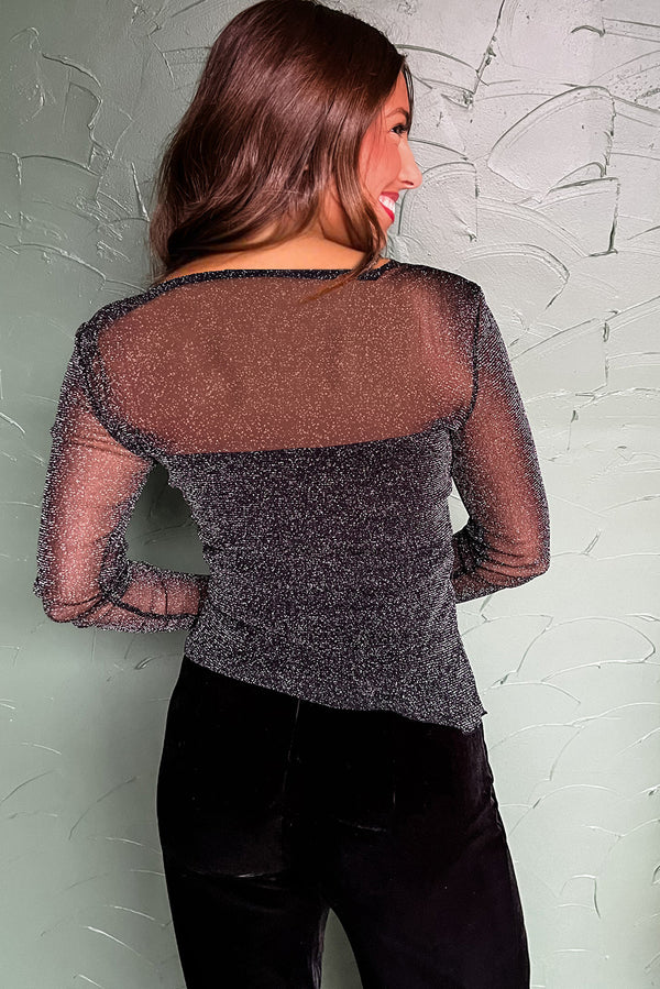 Metallic Glitter Mesh Long Sleeve Top