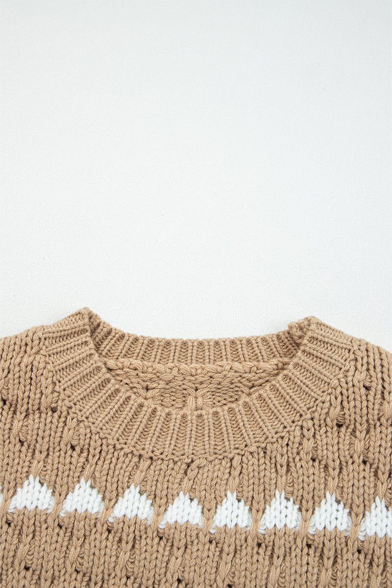 Contrast Detail Textured Knit Puff Sleeve Baggy Sweater