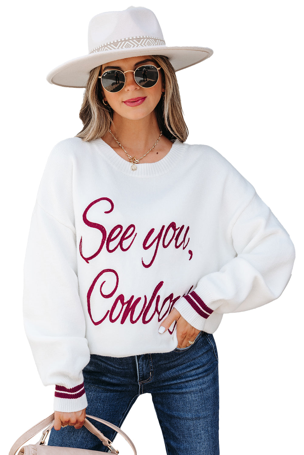 See You Cowboy Embroidered Western Graphic Sweater