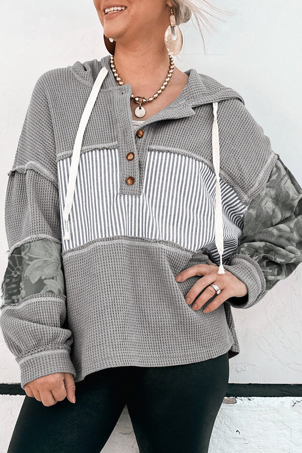 Waffle Printed Patchwork Drawstring Hooded Long Sleeve Top