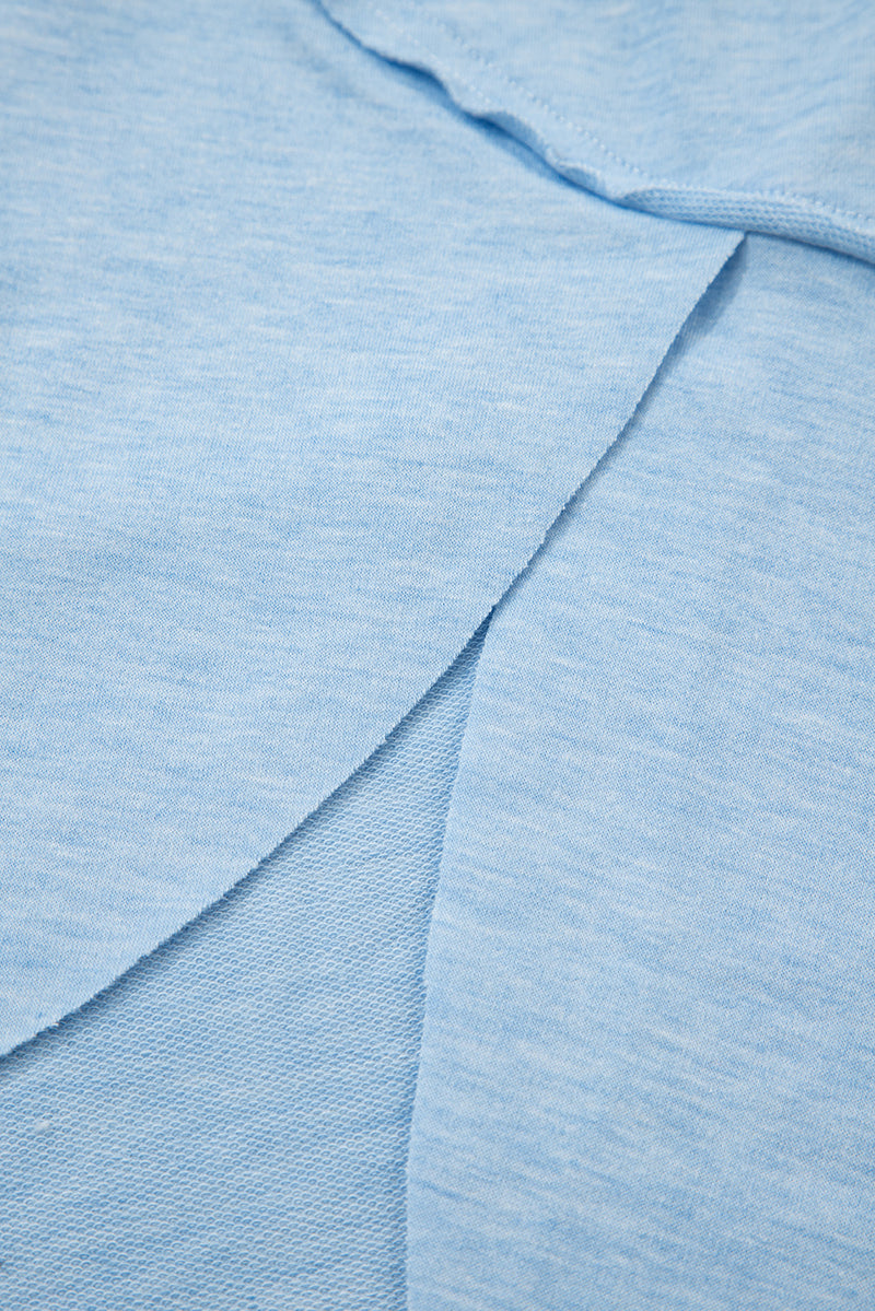 Sky Blue Notched Neck Terry Raw Hem Long Sleeve Top