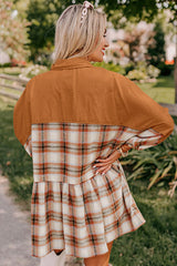 Khaki Plaid Color Block Patchwork Ruffle Hem Tunic Shirt Dress