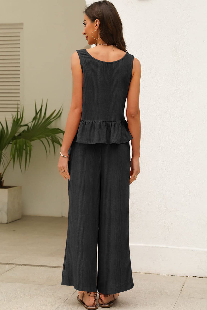 Solid Color Ribbed Ruffle Tank Top and Pants Set