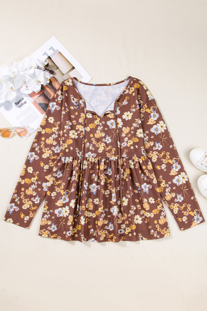 Floral Textured Tied Neck Long Sleeve Plus Size Babydoll Blouse