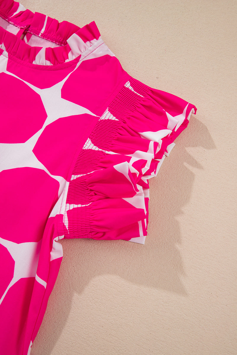 Rose Bubblegum Pattern Frilled Collar Flutter Sleeve Top