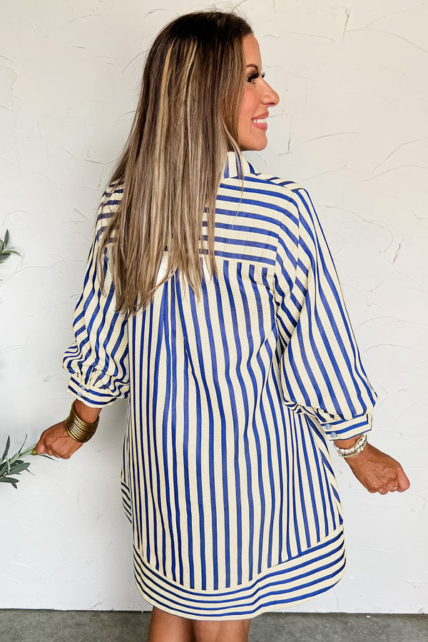 Stripe Collared Half Button Side Pockets Loose Fit Mini Dress