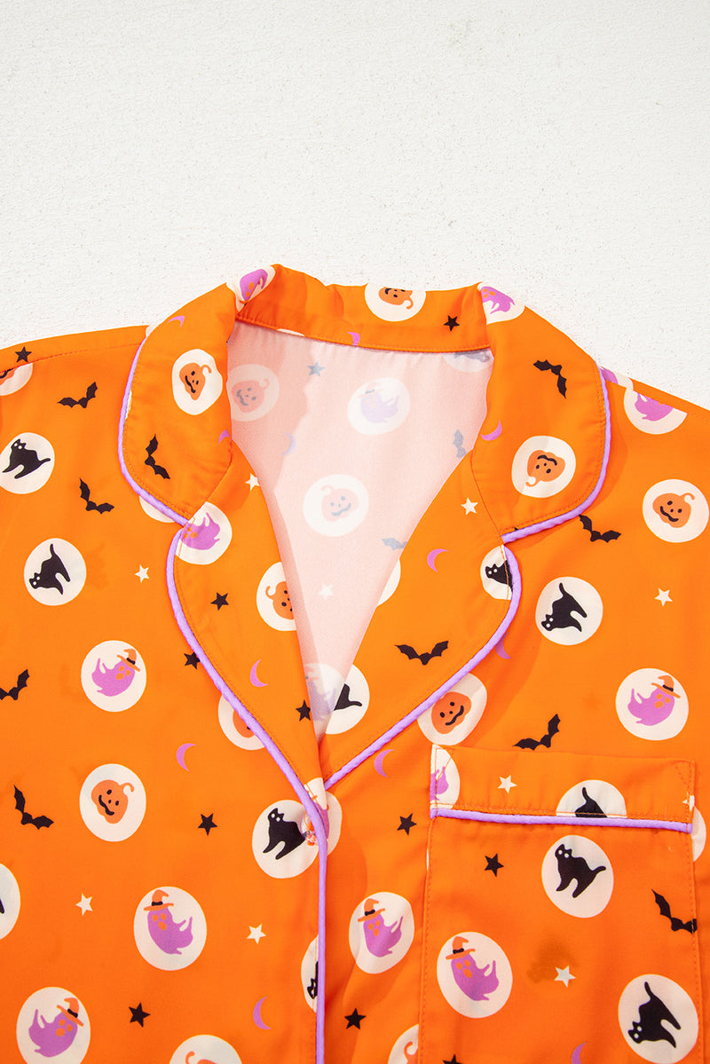 Halloween Print Lapel Shirt Long 2pcs Pajama Set