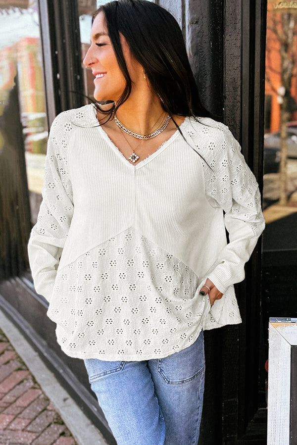 Twisted Rib Patchwork Embroidered Loose V Neck Long Sleeve Top