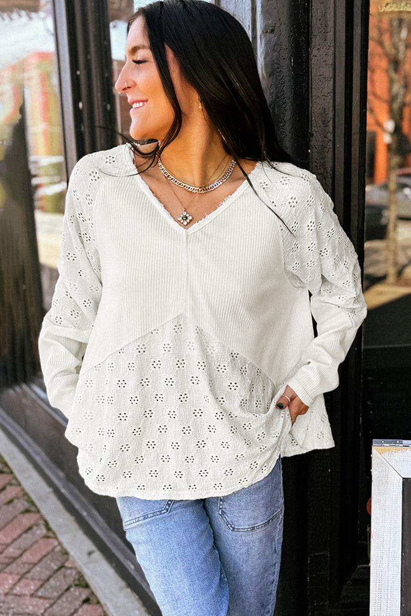 Twisted Rib Patchwork Embroidered Loose V Neck Long Sleeve Top