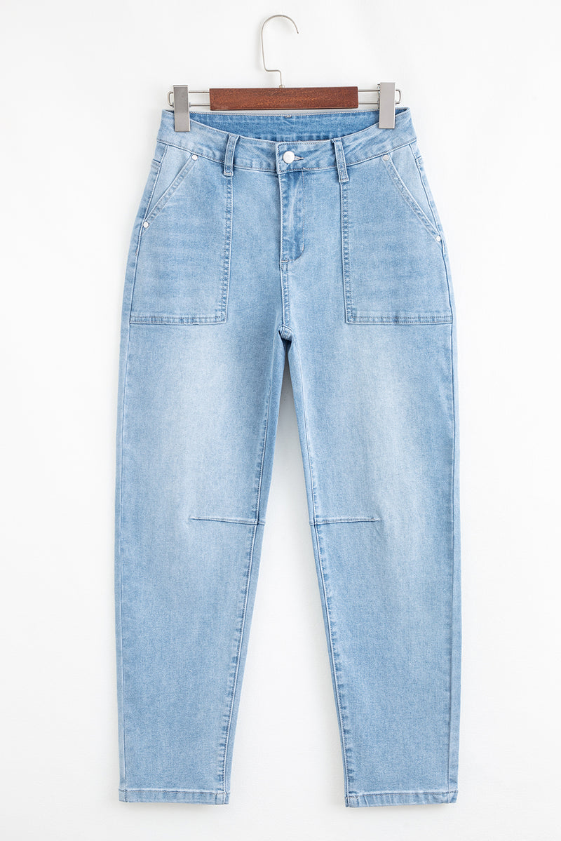 High Rise Barrel Relaxed Patch Pocket Jeans