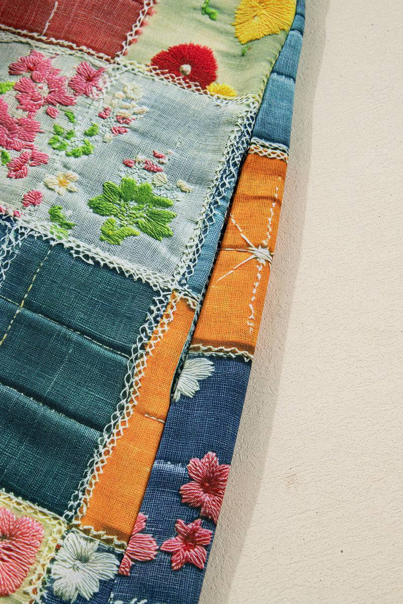 Multicolour Mix Floral Checkered Pattern Bubble Sleeve Ruffle Hem Dress