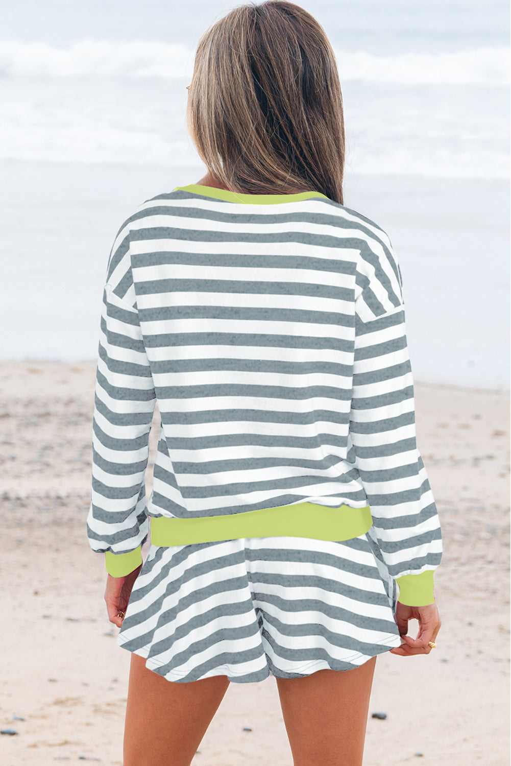 Stripe Contrast Ribbed Banding Long Sleeve Blouse Loose Shorts Set