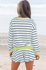 Stripe Contrast Ribbed Banding Long Sleeve Blouse Loose Shorts Set