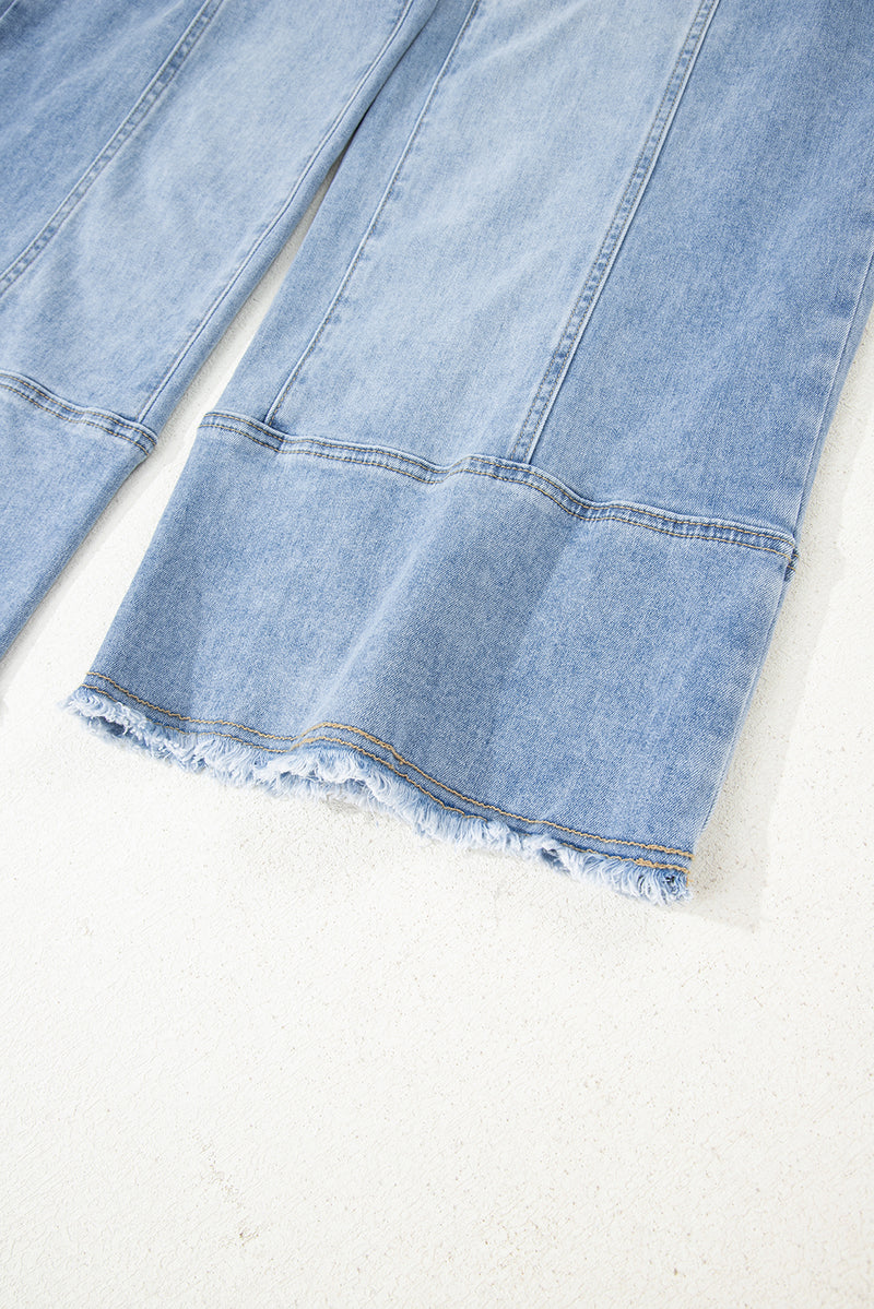 Drawstring Seam Detail Raw Hem Wide Leg Denim Pants