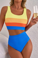 Colorblock Square Neck Top Pleated High Waisted Bikini