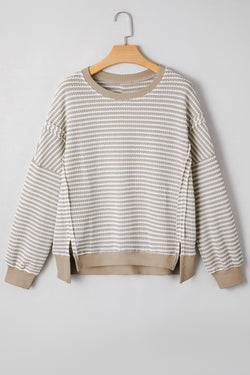 Stripe Ribbed Trim Drop Shoulder Long Sleeve Oversize Top