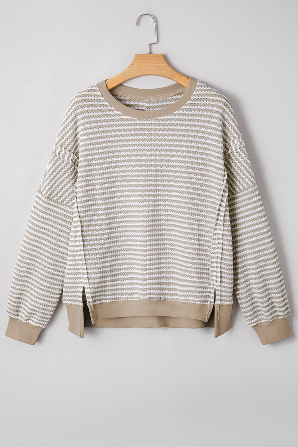 Stripe Ribbed Trim Drop Shoulder Long Sleeve Oversize Top