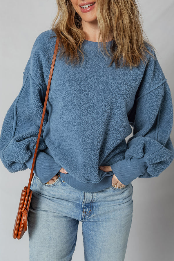 Fleece Drop Shoulder Exposed Seam Patchwork Casual Sweatshirt