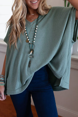 Oversized Ribbed Knit V Neck Dolman Short Sleeve Top