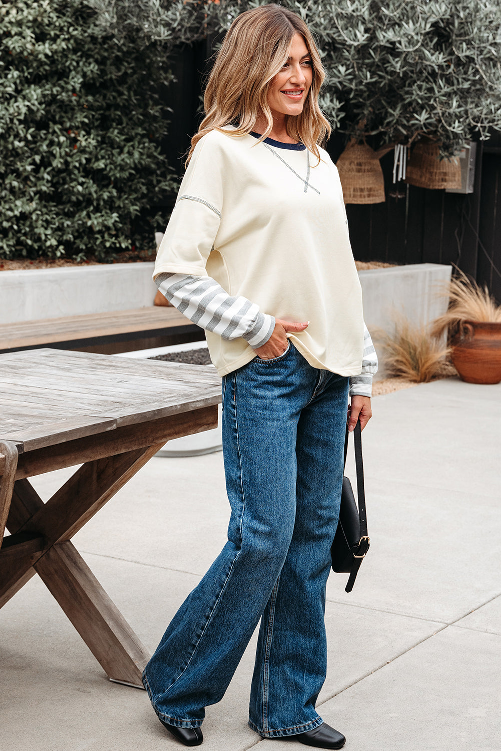 Striped Patchwork Long Sleeve Round Neck Two-in-one Top