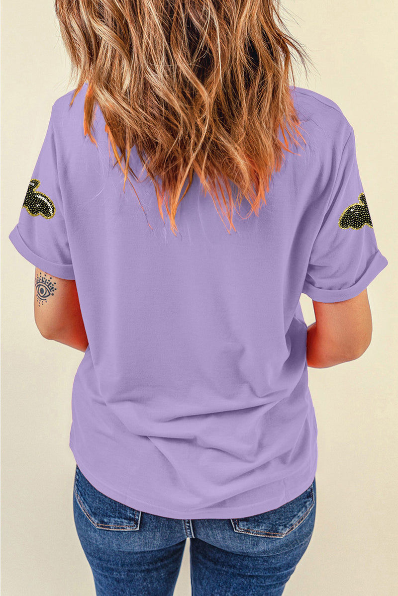 Sequin Halloween Bat Patched Casual T Shirt