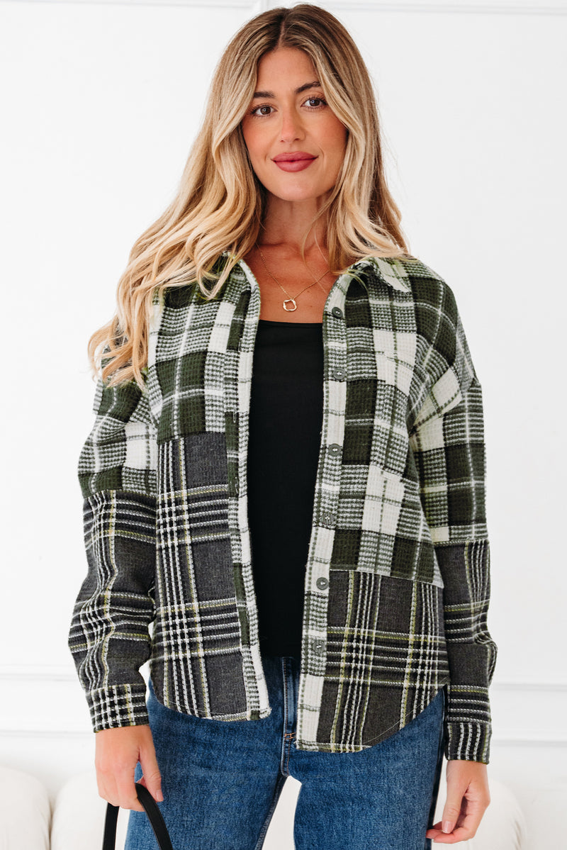 Plaid Print Textured Knit Buttoned Shacket
