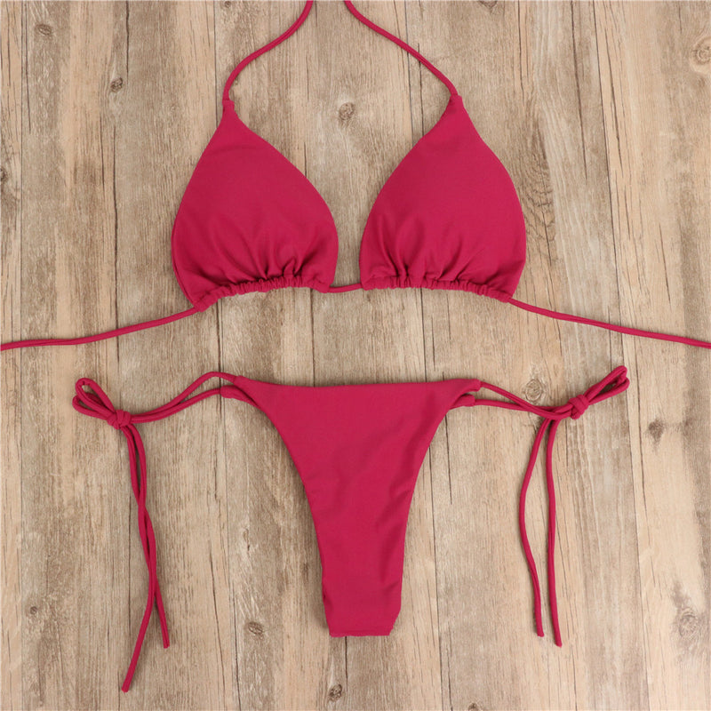Halterneck Lace-up Bikini Women Summer Solid Color Sexy Split Strap Adjustable Swimsuit Suit