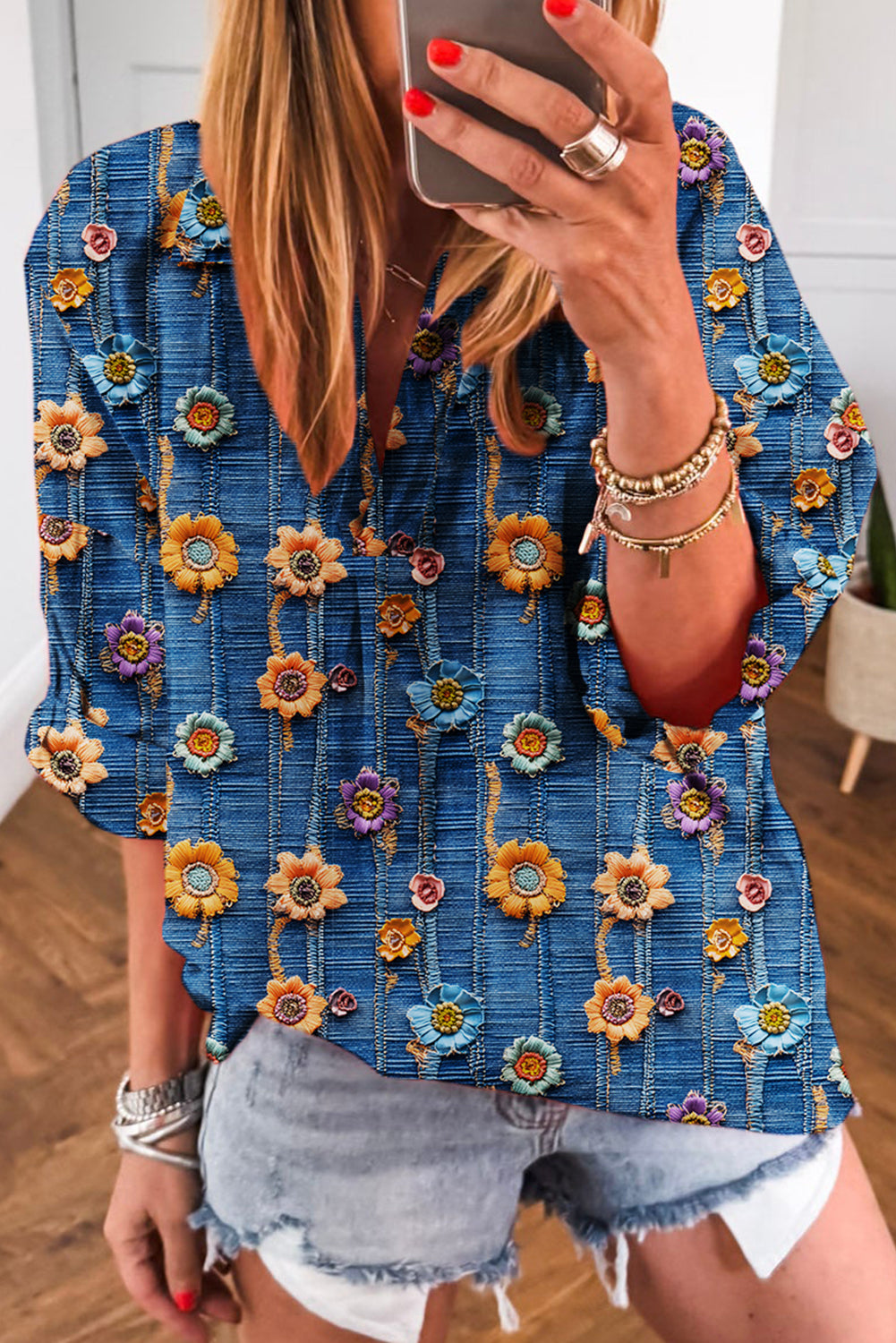 Floral Collared V Neck Roll up Sleeve Shift Blouse