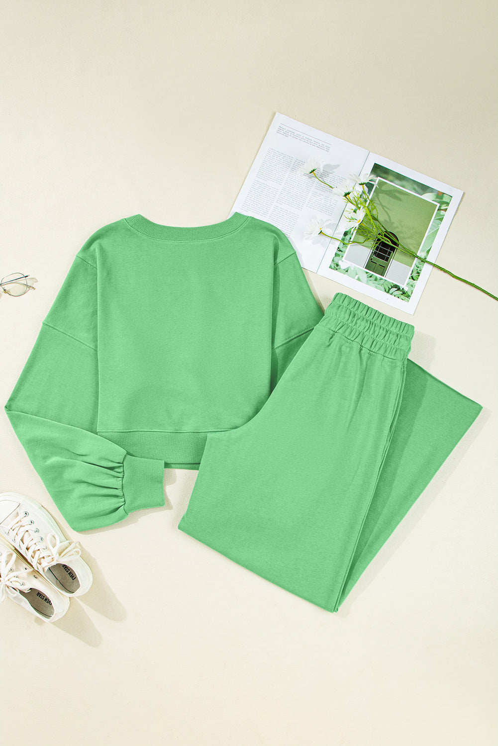 Drop Shoulder Puff Sleeve Crop Pullover Drawstring Wide Leg Pants Set