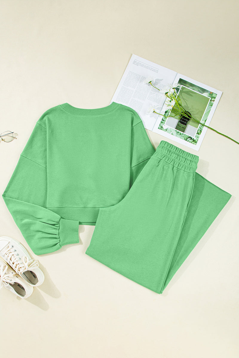 Drop Shoulder Puff Sleeve Crop Pullover Drawstring Wide Leg Pants Set
