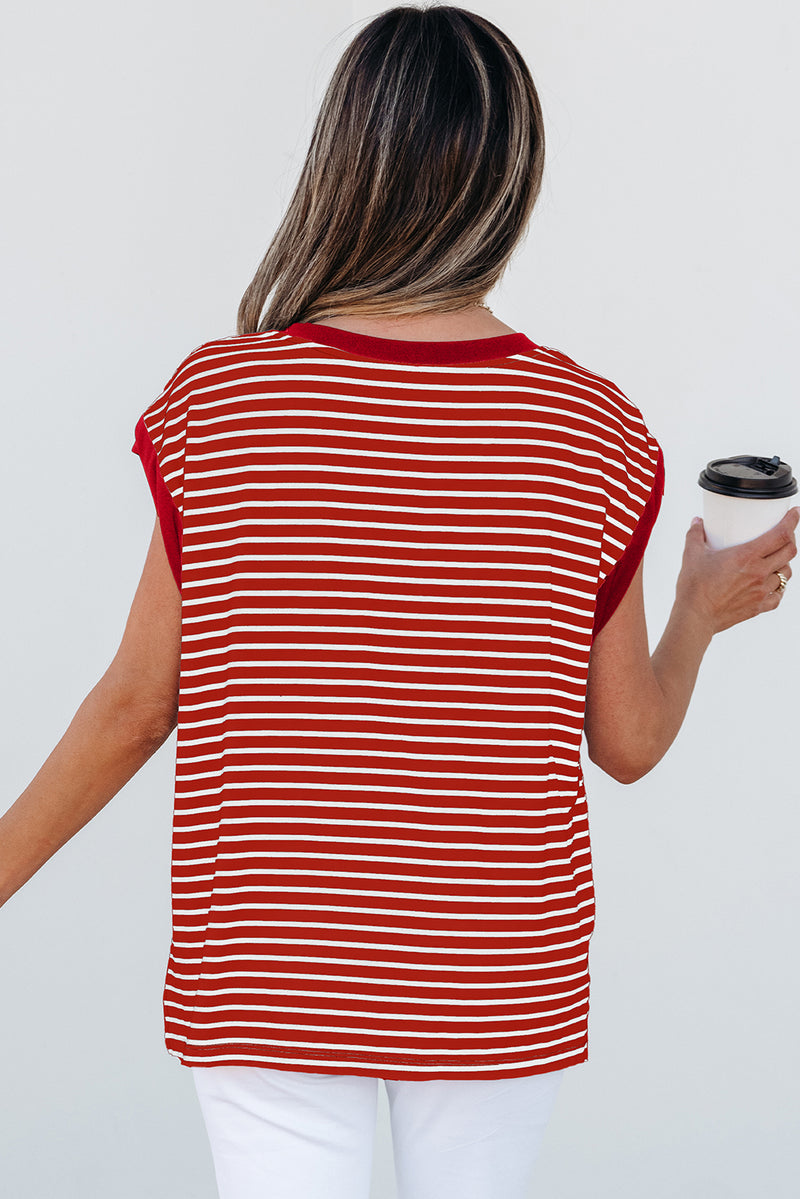 Stripe Chest Pocket Patch Round Neck Tank Top