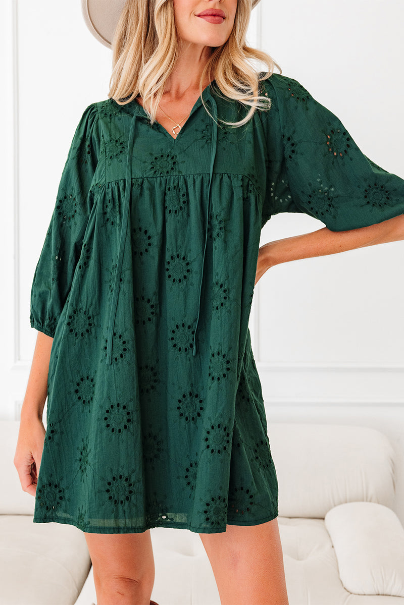 Embroidered Eyelet Pattern 3/4 Puffy Sleeve Swing Mini Dress