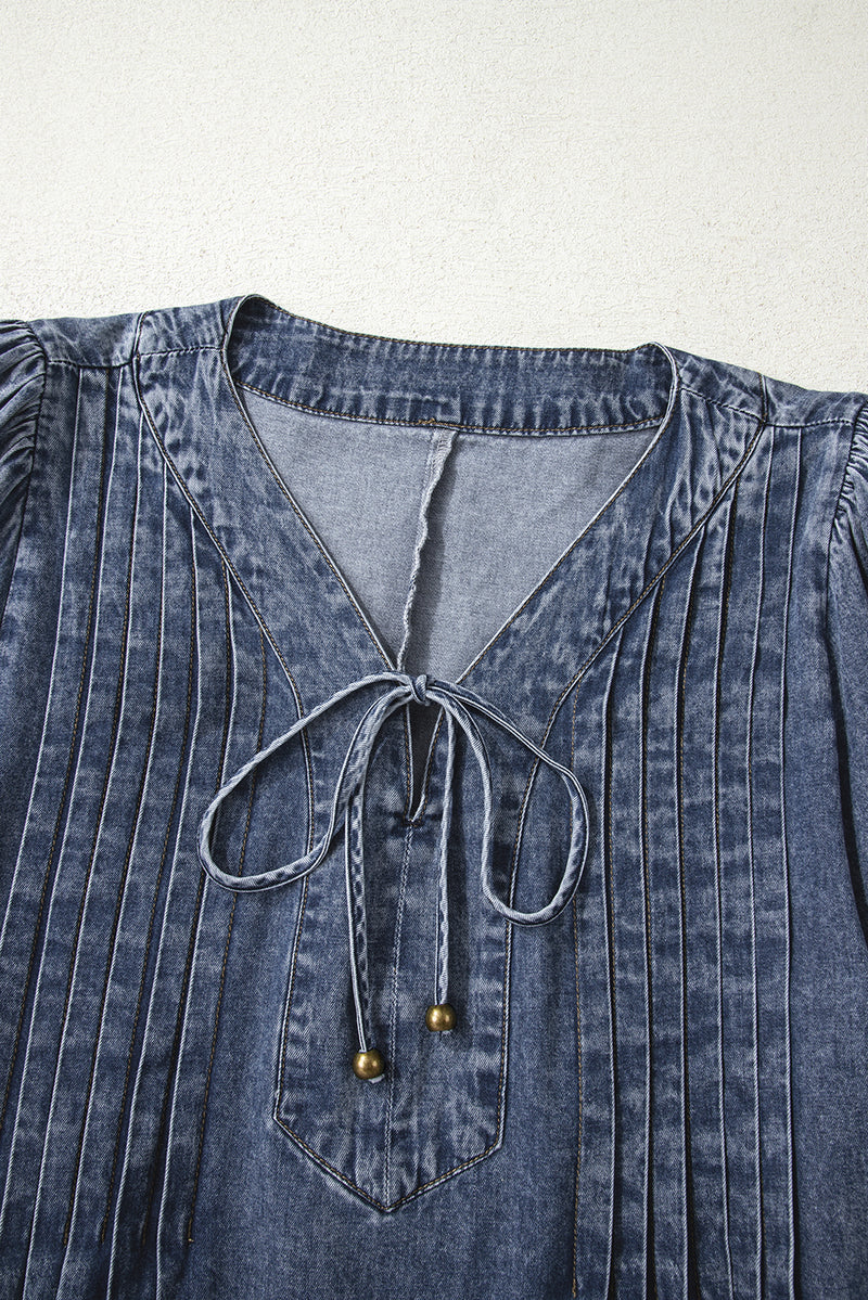 3/4 Sleeve Tied V Neck Pleated Denim Mini Dress