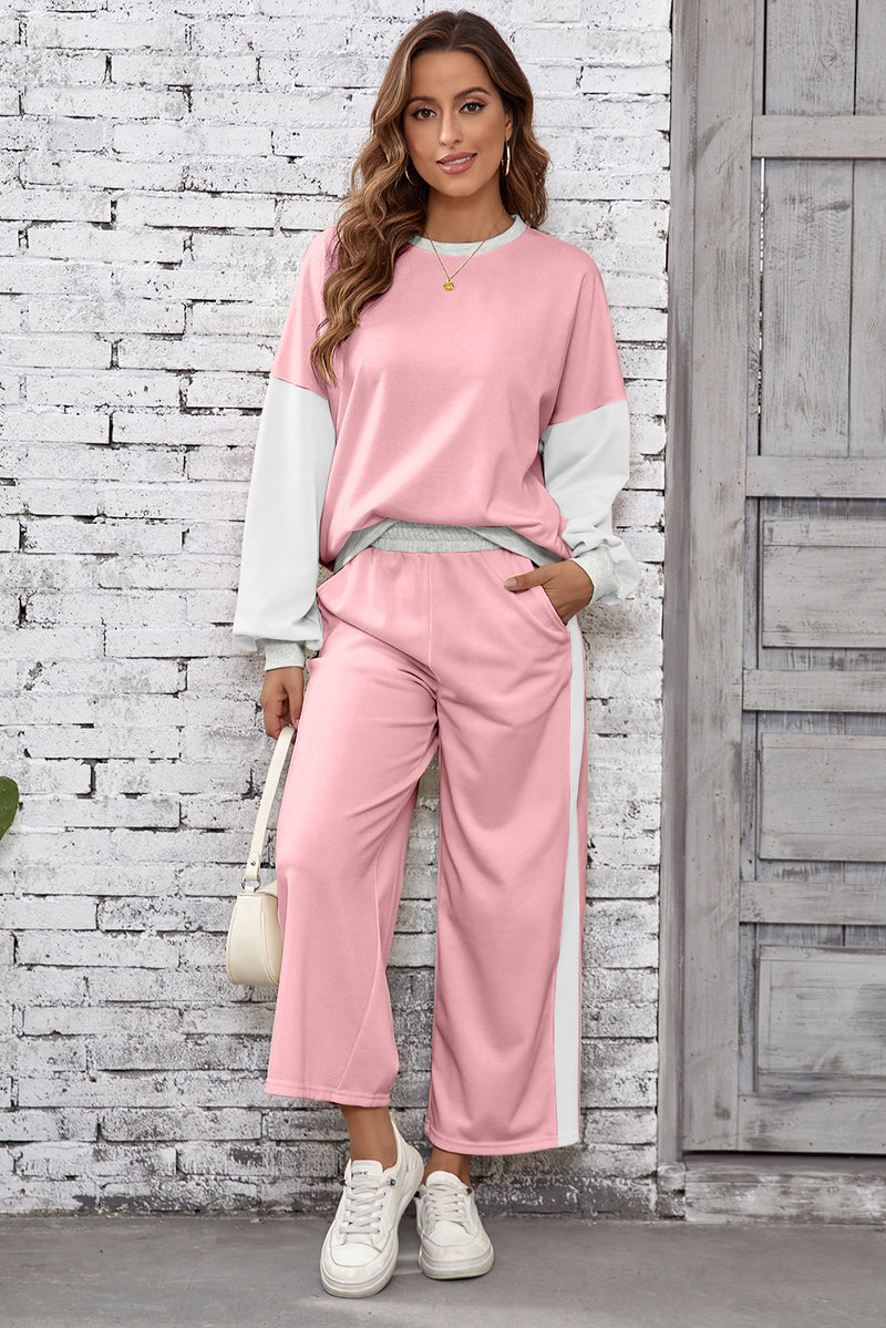 2pcs Color Block Pullover Loose Pant Set