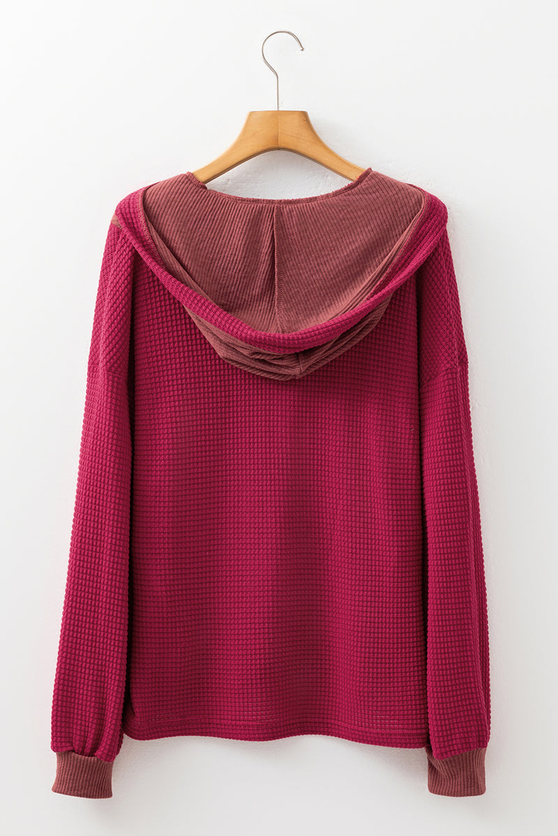 Waffle Patchwork Drop Shoulder Hooded Long Sleeve Top