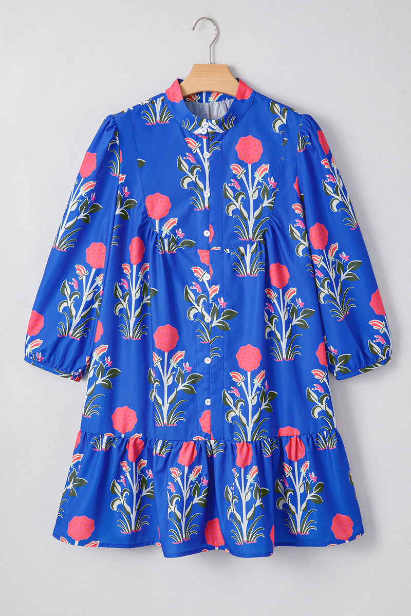 Floral Print Button Detail 3/4 Puff Sleeve Ruffle Hem Dress