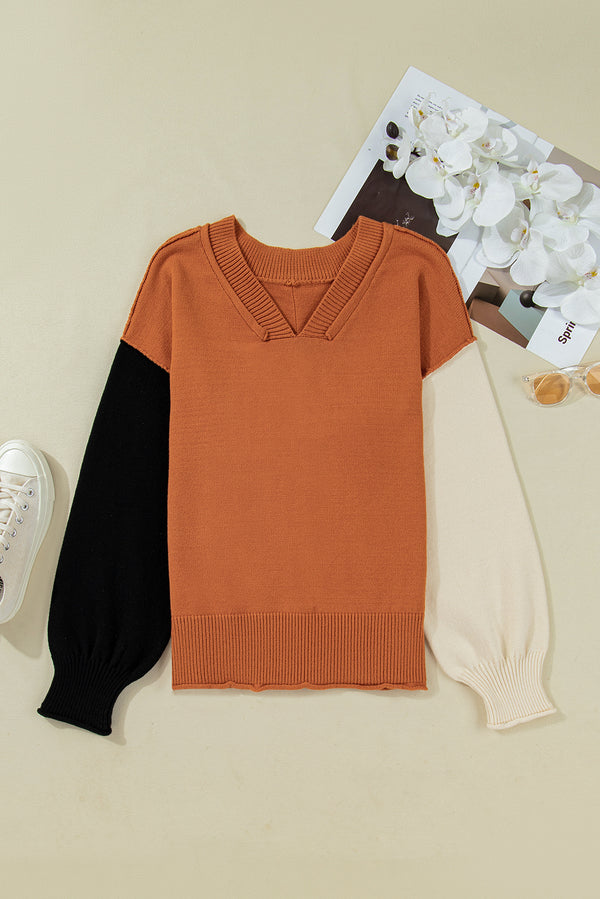 Colorblock Raw Edge Bubble Sleeve V Neck Sweater