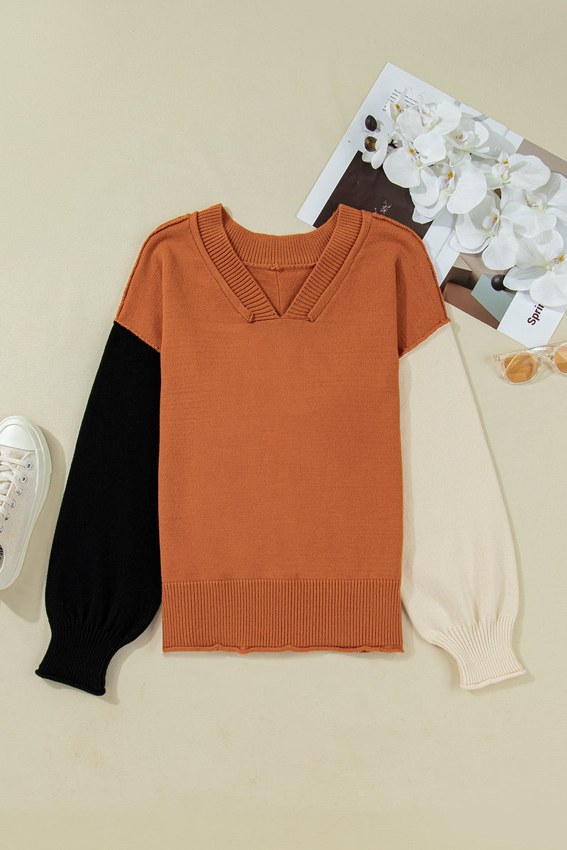 Colorblock Raw Edge Bubble Sleeve V Neck Sweater