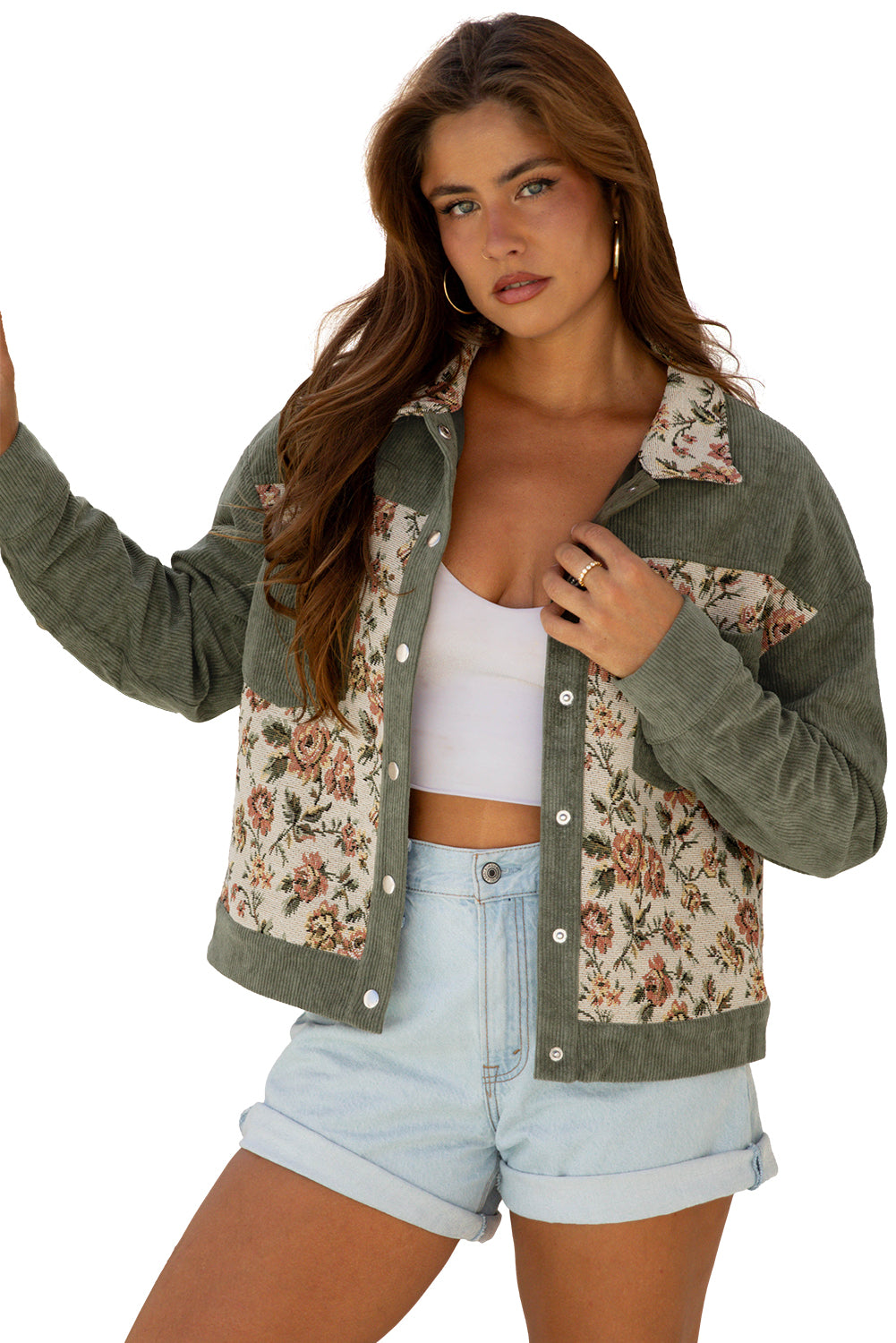 Ribbed Retro Floral Patchwork Shirt Style Jacket