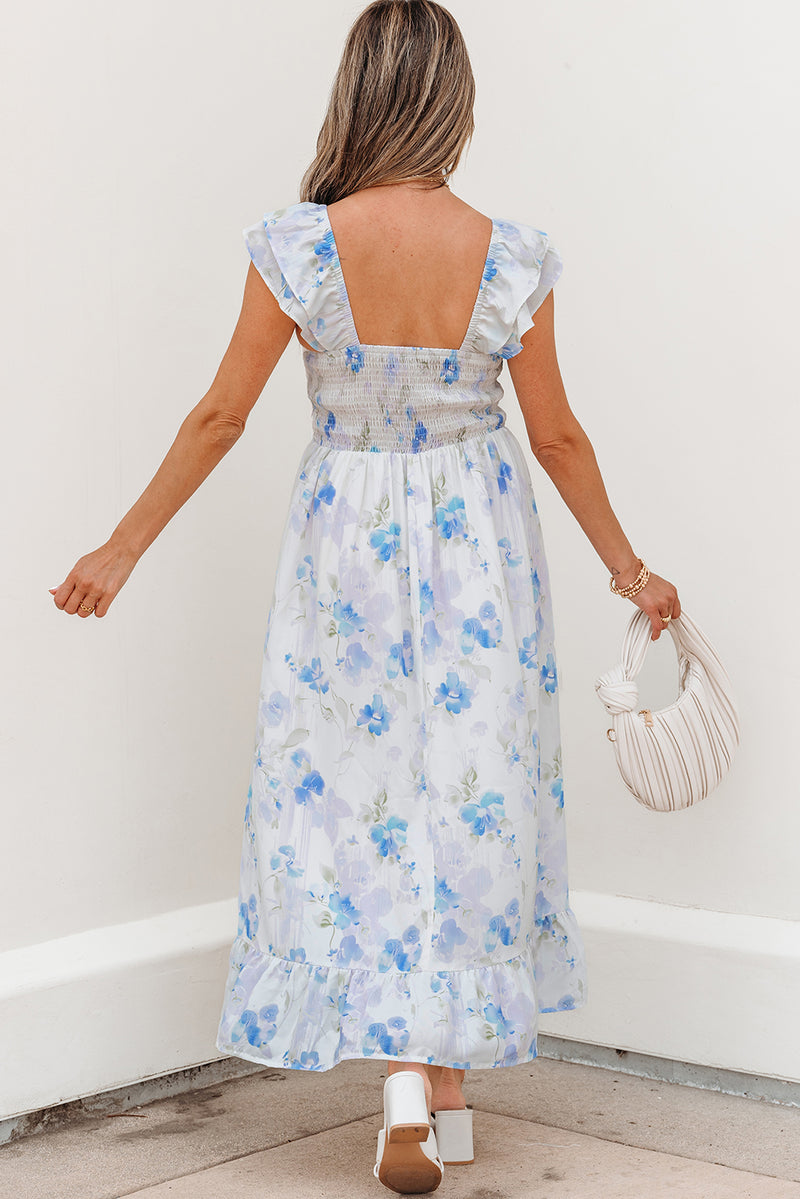Floral Smocked High Waist Double Ruffle Sleeveless Long Dress