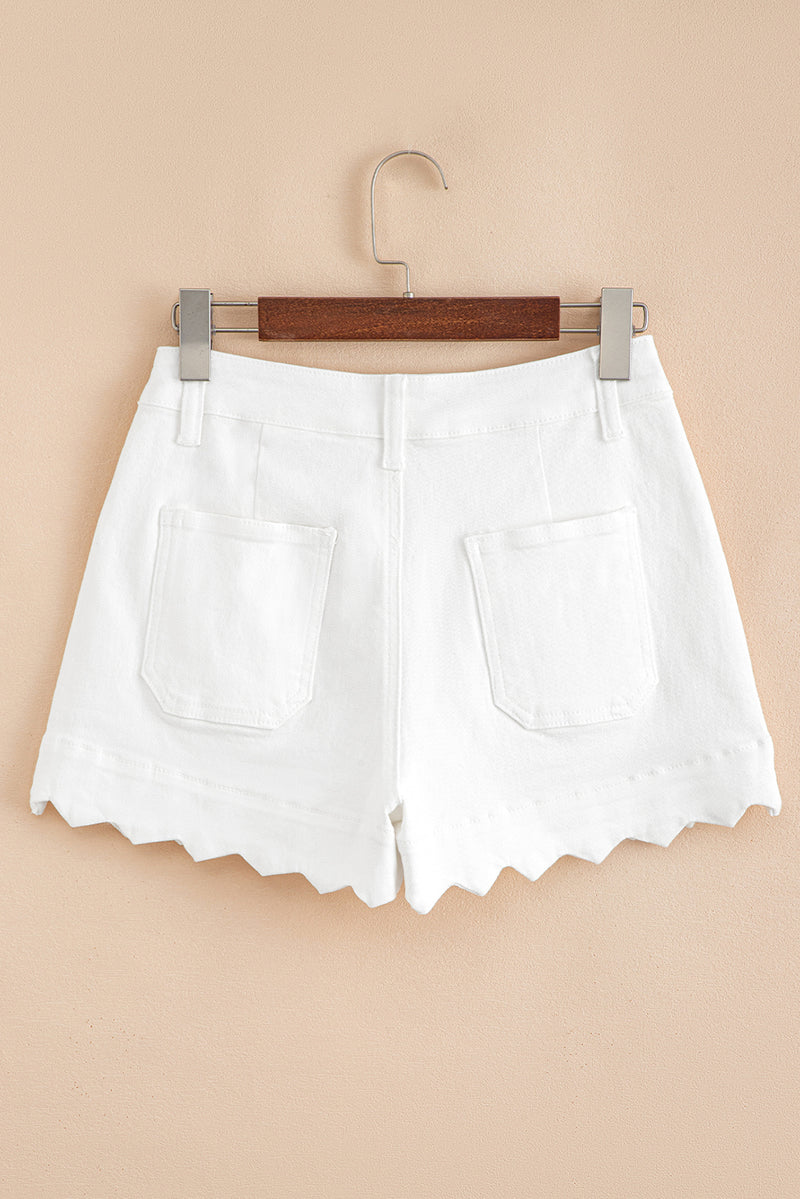 White Scalloped Hemline Acid Wash High Waist Denim Shorts