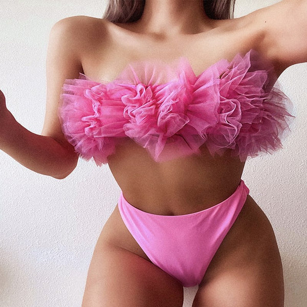 Ruffle Tulle Bandeau Bikini Set swimwear