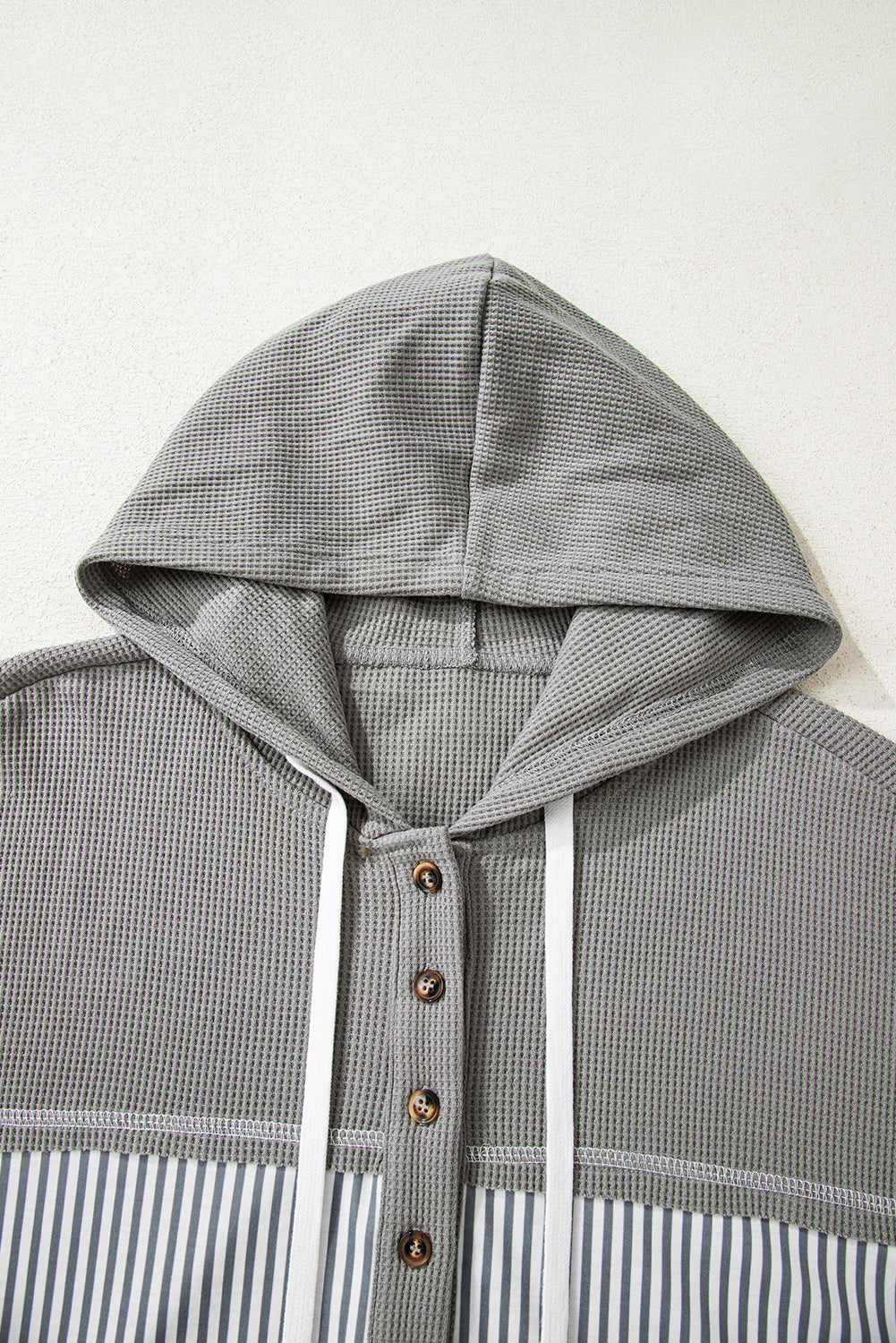 Waffle Printed Patchwork Drawstring Hooded Long Sleeve Top