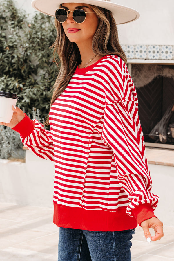 Stripe Exposed Seam Drop Shoulder Casual Pullover Top