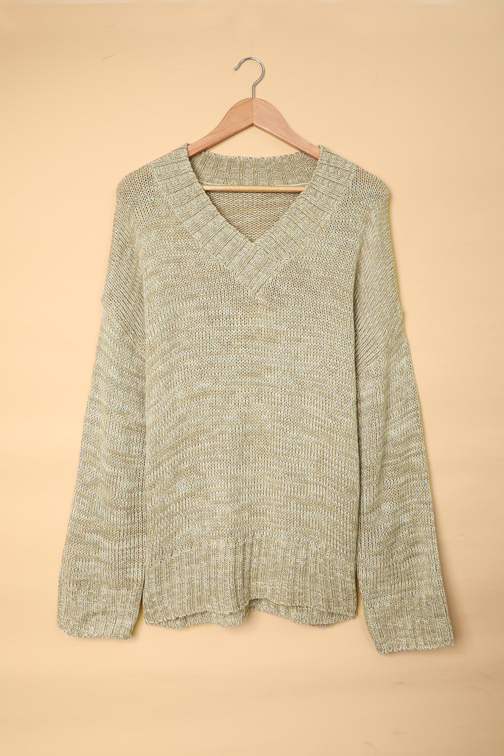Solid V neck Drop Shoulder Knitted Sweater