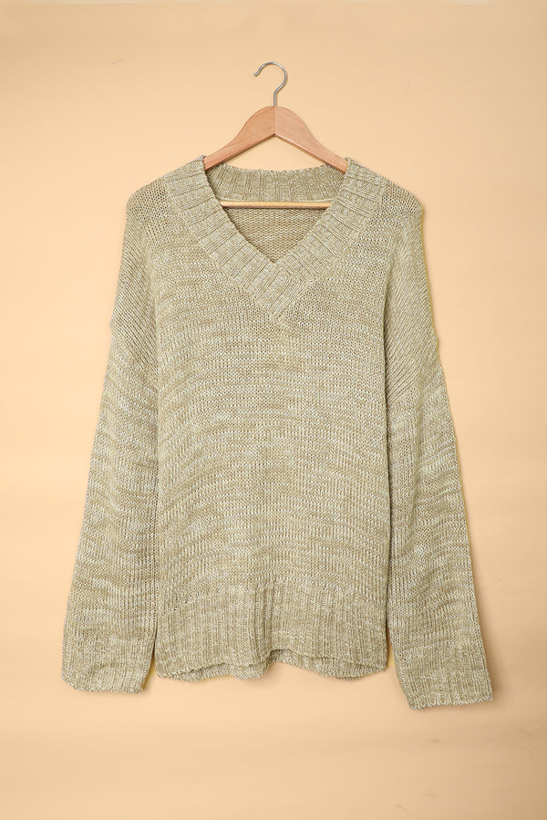Solid V neck Drop Shoulder Knitted Sweater