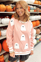 Halloween Terry Ghost Striped Trim Loose Sweatshirt