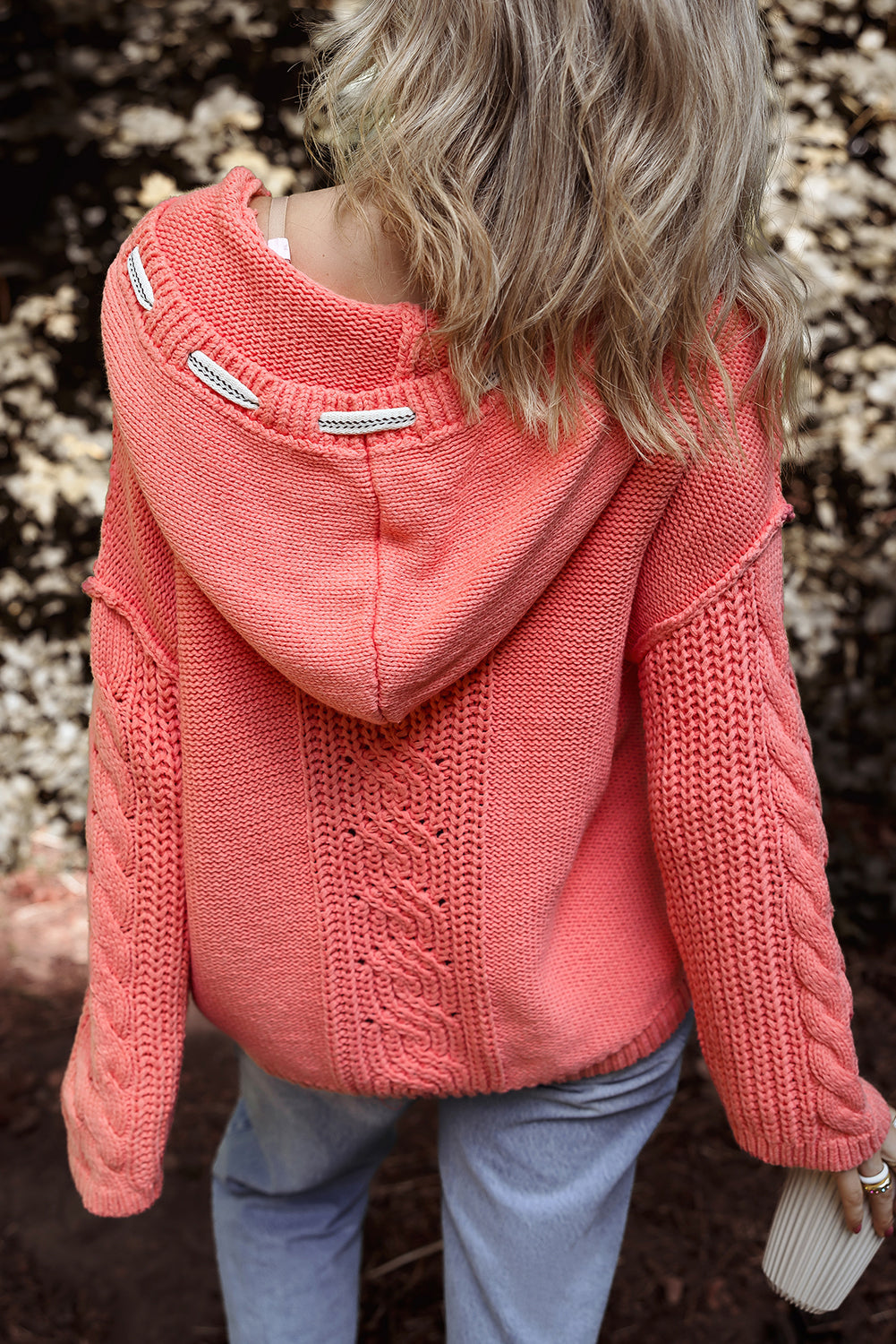Solid Cable Knit V Neck Contrast Drawstring Hooded Sweater